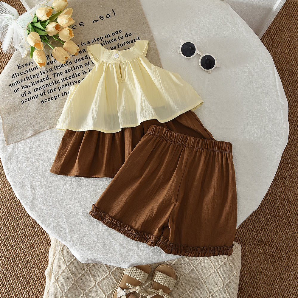 Cute Bow Sun-top Ruffle Shorts Girls' Set