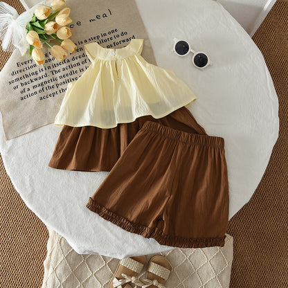 Cute Bow Sun-top Ruffle Shorts Girls' Set