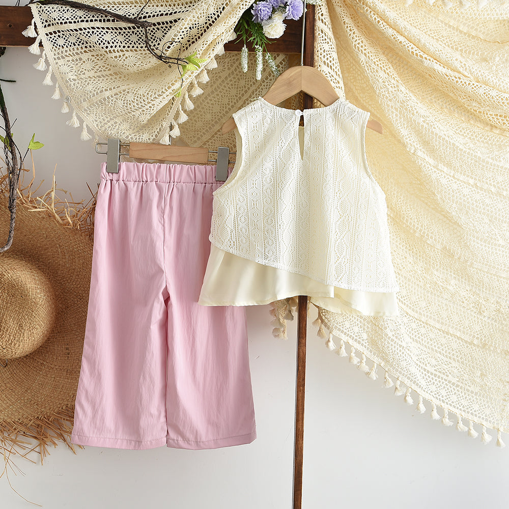 Lace Mesh Patchwork Top+Wide Leg Pants Ethnic Style Girls' Vacation Set