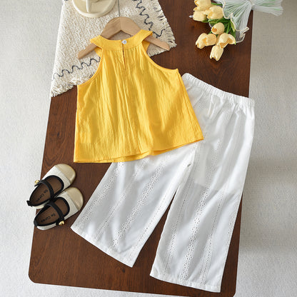 Sleeveless Embroidery Sun-top Hollow Pants Kid Girls' Summer Vacation Set