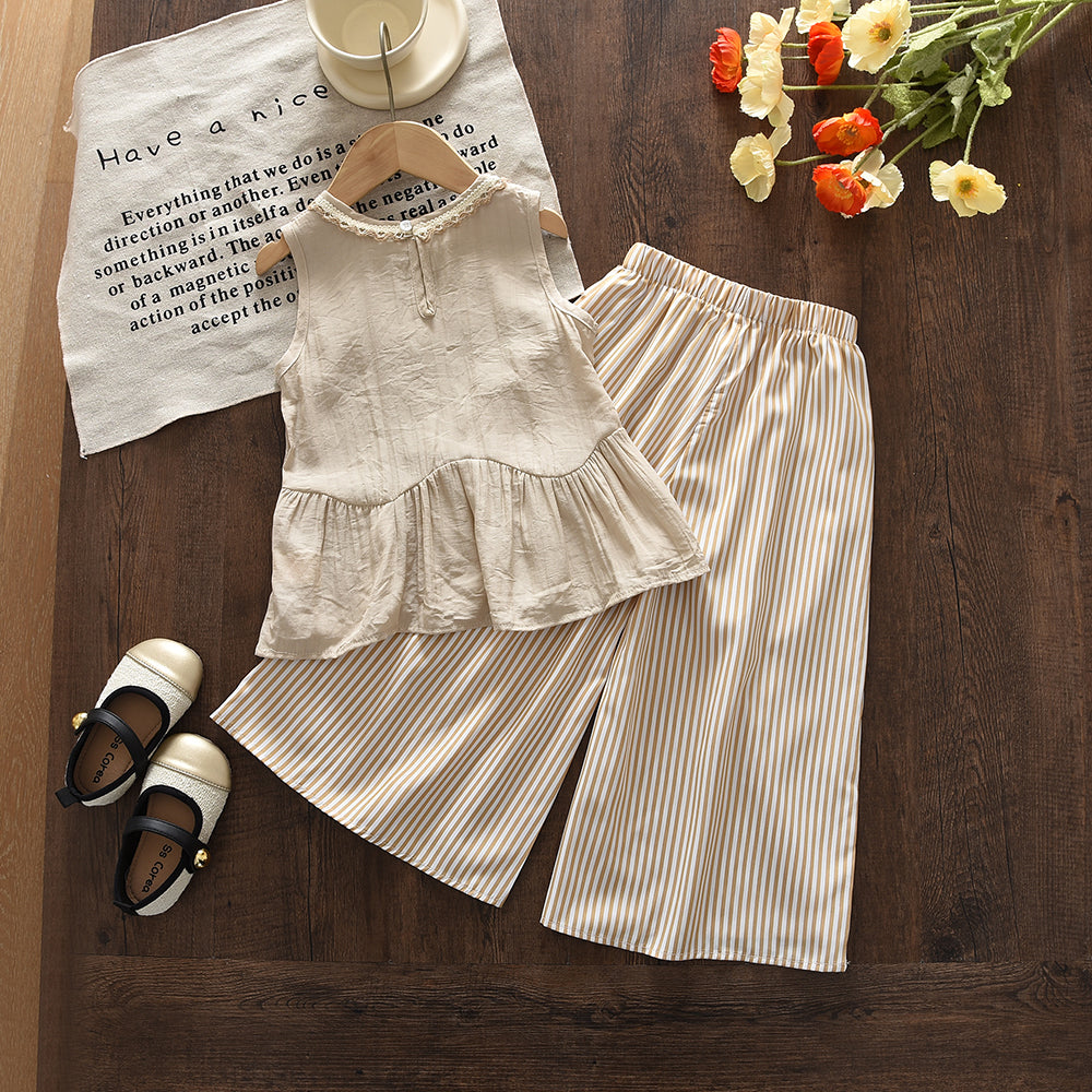 Lace Ruffle Sleeveless Top+Stripes Wide Leg Pants Girls' Elegant Set