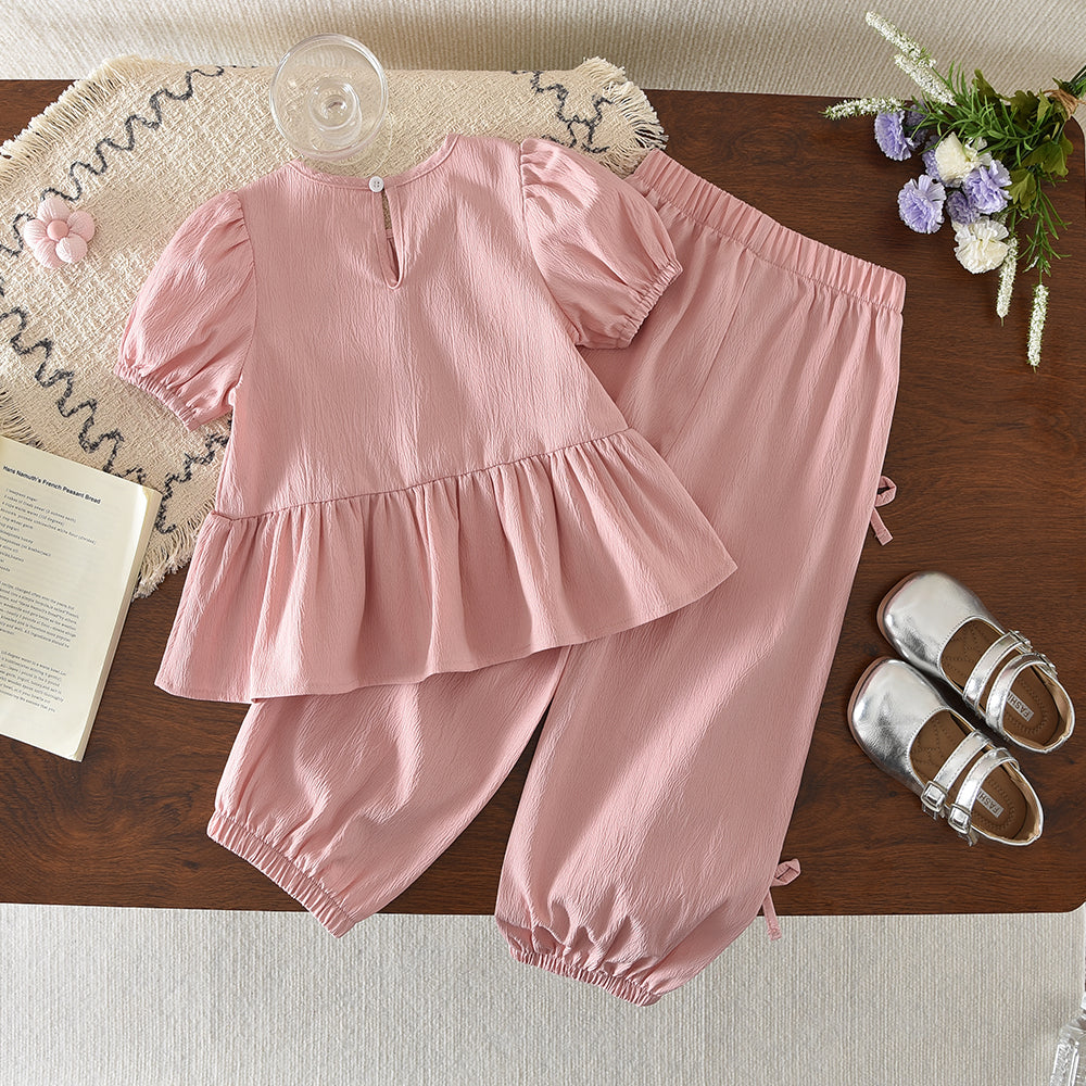 Puffy Sleeve Ruffle Shirt+Bow Lantern Pants Girls' Cute Summer Outfit