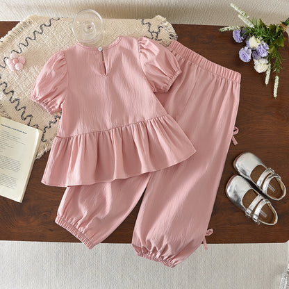 Puffy Sleeve Ruffle Shirt+Bow Lantern Pants Girls' Cute Summer Outfit