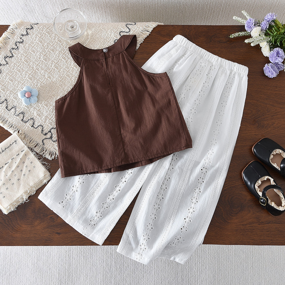 Geometry Embroidery Sun-top Floral Pants Ethnic Style Girls' Vacation Set