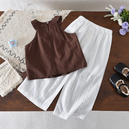 Geometry Embroidery Sun-top Floral Pants Ethnic Style Girls' Vacation Set