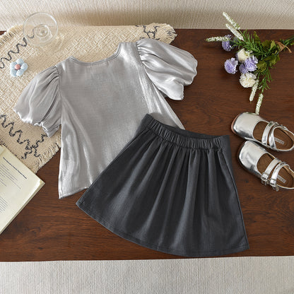 Puff Sleeve Silky T-shirt+Bow Skirt Kid Girls' Cute Set