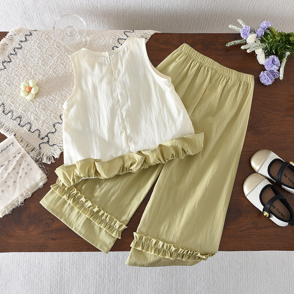 Ruffle Cute Vest Top+Wide Leg Pants Girls' Casual Set
