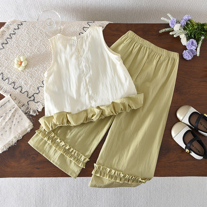 Ruffle Cute Vest Top+Wide Leg Pants Girls' Casual Set