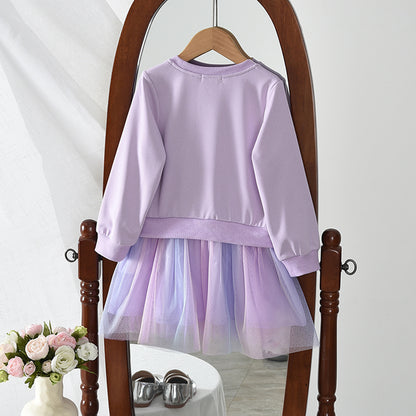 Girls' Cartoon Unicorn Patchwork Mesh Dress
