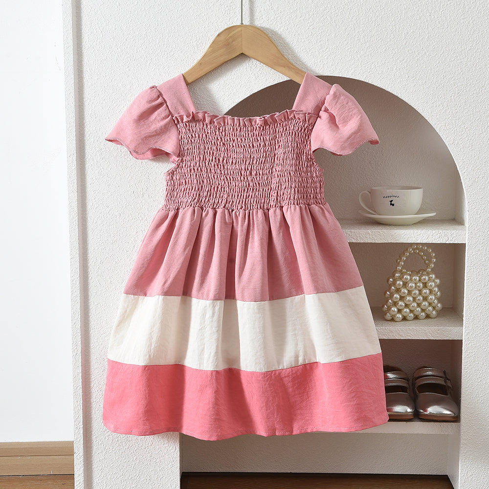 Short Sleeve Patchwork Outfit Kid Girl's Bow Princess Dress