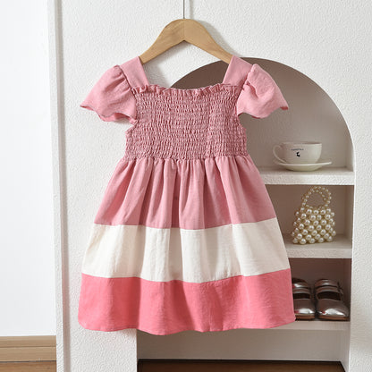 Short Sleeve Patchwork Outfit Kid Girl's Bow Princess Dress