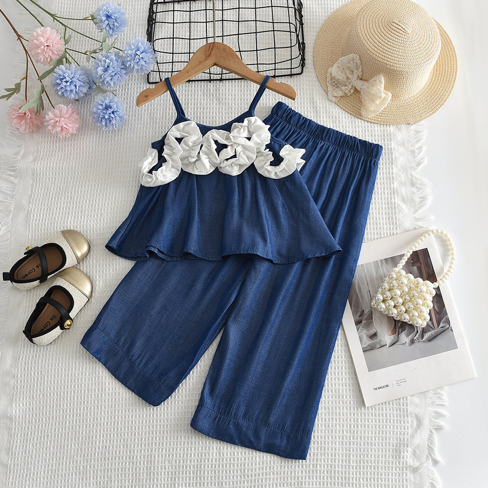 Wrinkle Flower Sun-Top+Wide Leg Pants Girls' Summer Elegant Vacation Set