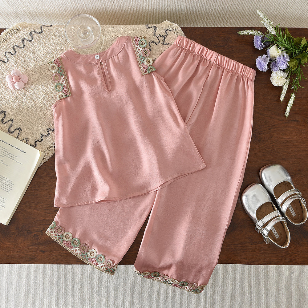Ethnic Floral Lace Vest+Wide Leg Pants Girls Summer Set