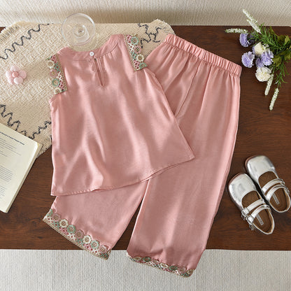 Ethnic Floral Lace Vest+Wide Leg Pants Girls Summer Set