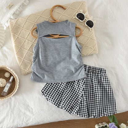 Cute Bow Sleeveless T-shirt+Plaid Shorts Girls' Lovely Outfit
