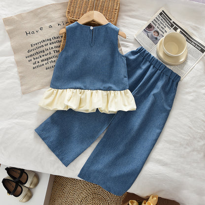 Bow Ruffle Sleeveless Vest+Trousers Girls' 2pcs Fashion Set