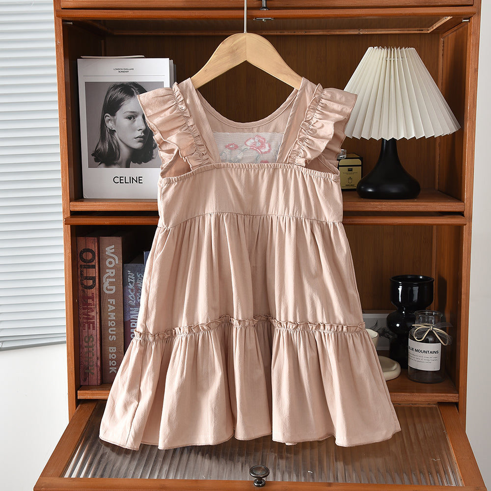 Floral Embroidery Ruffle Outfit Girls' 100% Cotton Casual Dress