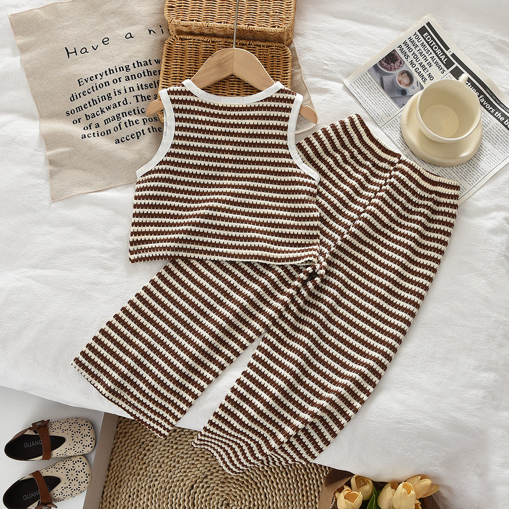 Fashion Stripes Knitted Girls' Set Bow Summer Girls' Vacation Outfit