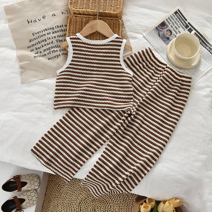 Fashion Stripes Knitted Girls' Set Bow Summer Girls' Vacation Outfit