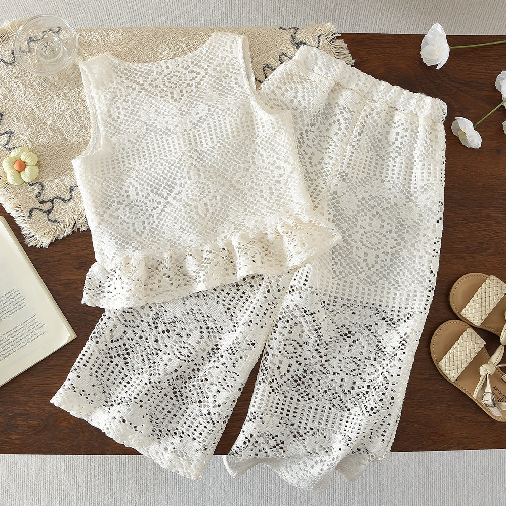 Geometric Pattern Hollow-out Vest+Pants Girls' Fashionable Summer Outfit