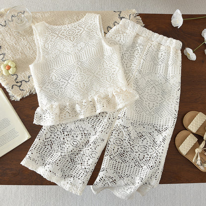 Geometric Pattern Hollow-out Vest+Pants Girls' Fashionable Summer Outfit