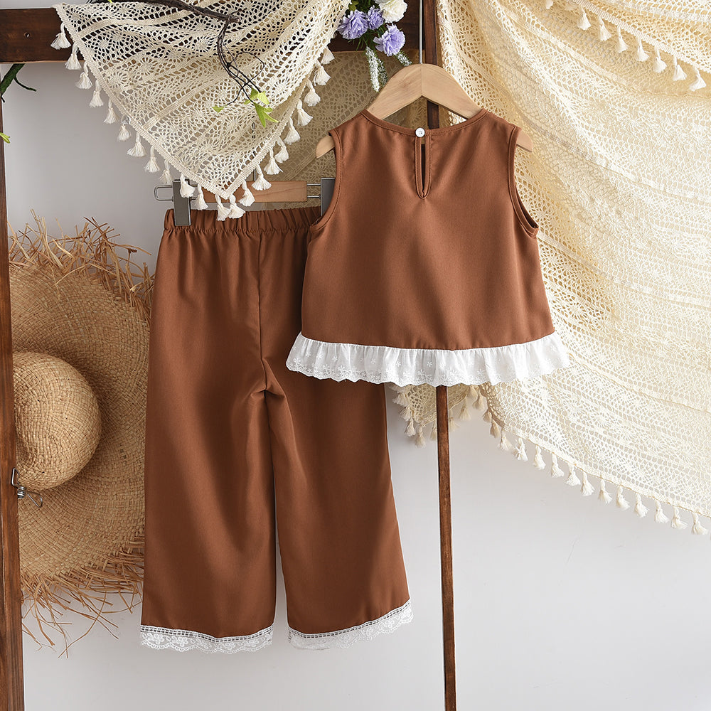 Lace Vest+Pant Brown Casual Outfit Girls' Summer Set