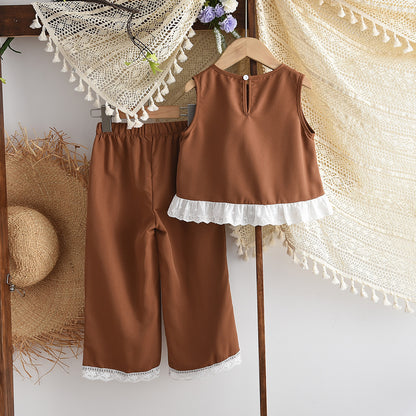 Lace Vest+Pant Brown Casual Outfit Girls' Summer Set