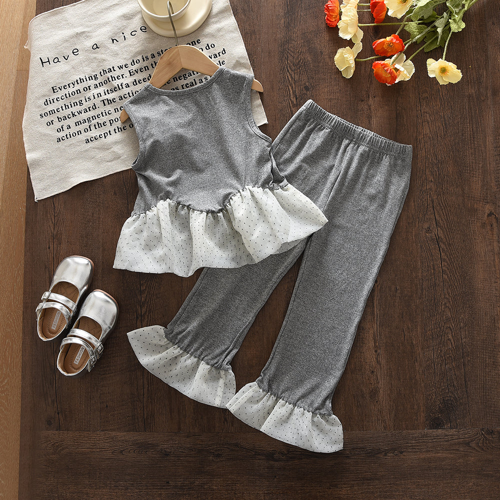 Polka Dots Ruffle Sleeveless Top+Flared Trousers Girls' Fashion Set