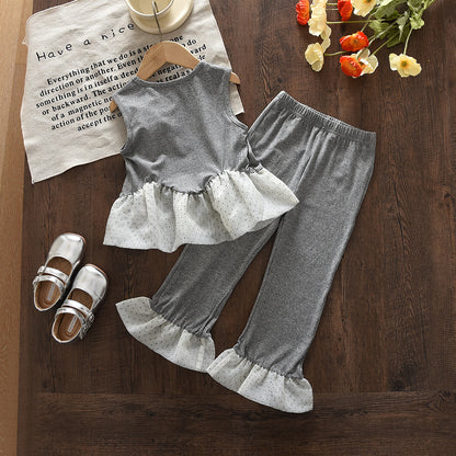 Polka Dots Ruffle Sleeveless Top+Flared Trousers Girls' Fashion Set
