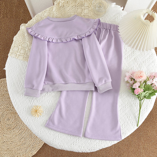 Girls' Bow-knot Printing Ruffle Cute Sweatshirt Set