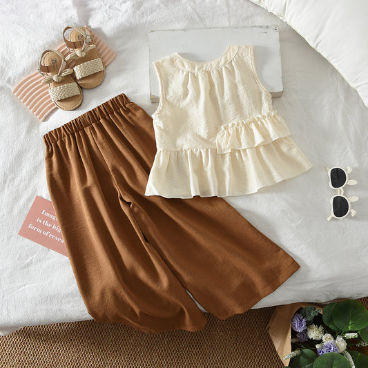 3-8 Year Girls' Ruffle Shirt Vest Wide Leg Pants Elegant Set