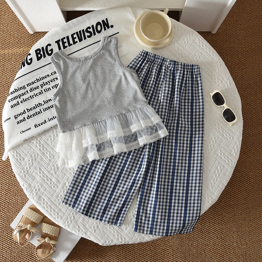 Cartoon Bow Prints Lace Vest+Plaid Pants 2pcs Girls' Set