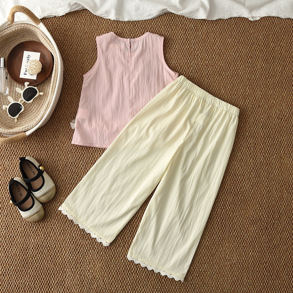 Mesh Flower Vest+Lace Pants Elegant Girls Summer Set