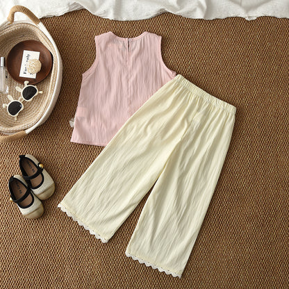 Mesh Flower Vest+Lace Pants Elegant Girls Summer Set