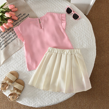 Mesh Flower T-shirt+Pleated Skirt 2pcs Kid Girls' Elegant Set