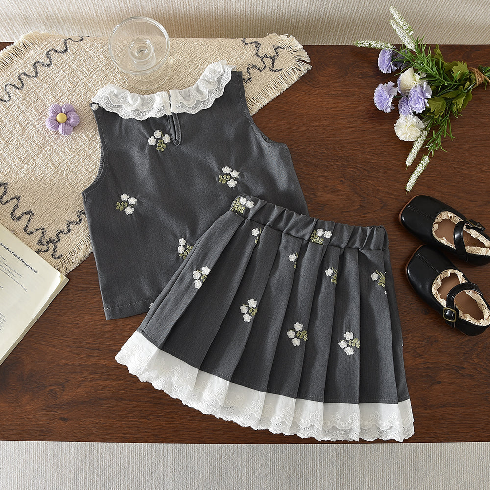 Cute Floral Embroidery Lace Shirt+Pleated Skirt Girls' Vintage Set