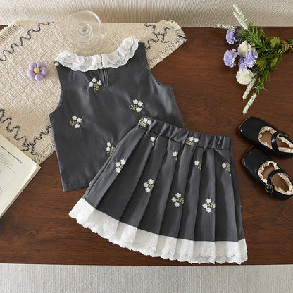 Cute Floral Embroidery Lace Shirt+Pleated Skirt Girls' Vintage Set