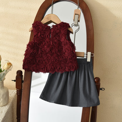 3D Rose Mesh Vest Bow Skirt Cute Girls Set Elegant Outfit