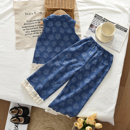 Floral Prints Ruffle Vest+Wide Leg Pants Girls' Stylish Set