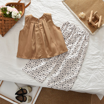 Seasonal Fashion Sleeveless Top+Floral Pants Girls' Summer Casual Set