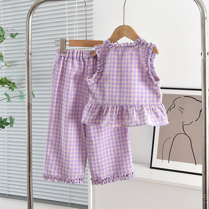 Fresh Plaid Ruffle Shirt+Casual Pants Girls' Cute Set