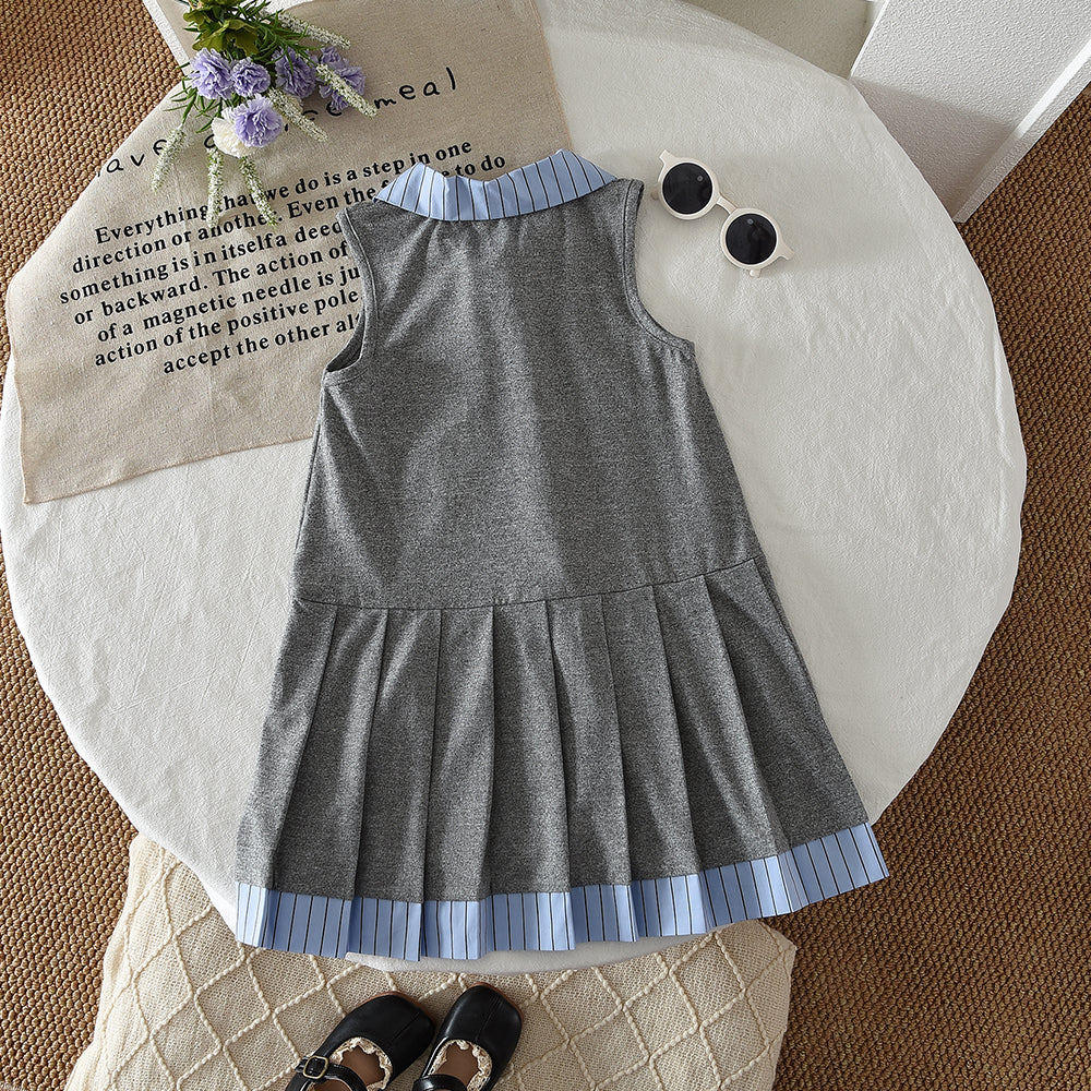 Stripes Shirt Patchwork Casual Dress Cute Letter Girls' Pleated Dress