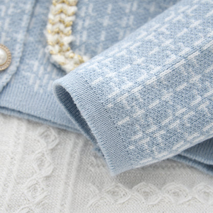 Girls' Plaid Pattern Knitted Cardigan+Skirt 2pcs Set