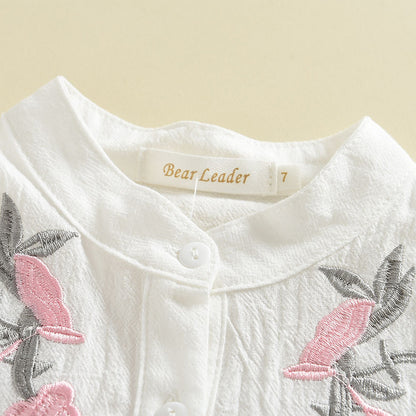 Girls' Floral Embroidery Ruffle Top+Shorts Set