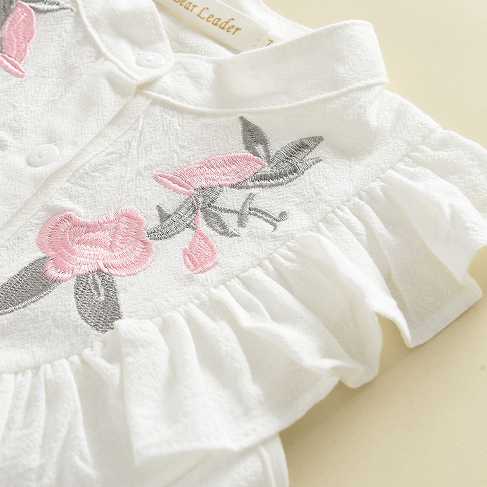 Girls' Floral Embroidery Ruffle Top+Shorts Set