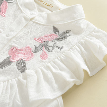 Girls' Floral Embroidery Ruffle Top+Shorts Set