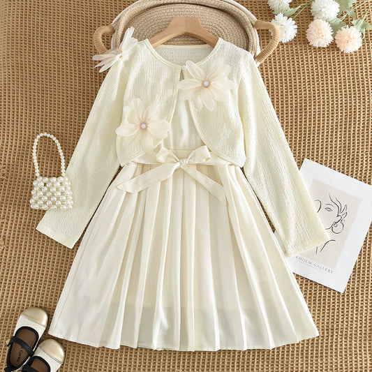 Girls' Simple Sundress+Flower Coat 2pcs Set