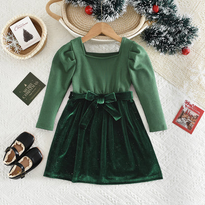 Girls' Velvet Patchwork Christmas Princess Dress