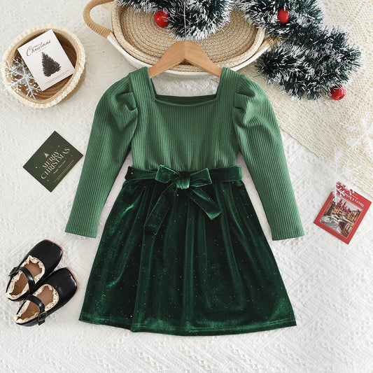 Girls' Velvet Patchwork Christmas Princess Dress