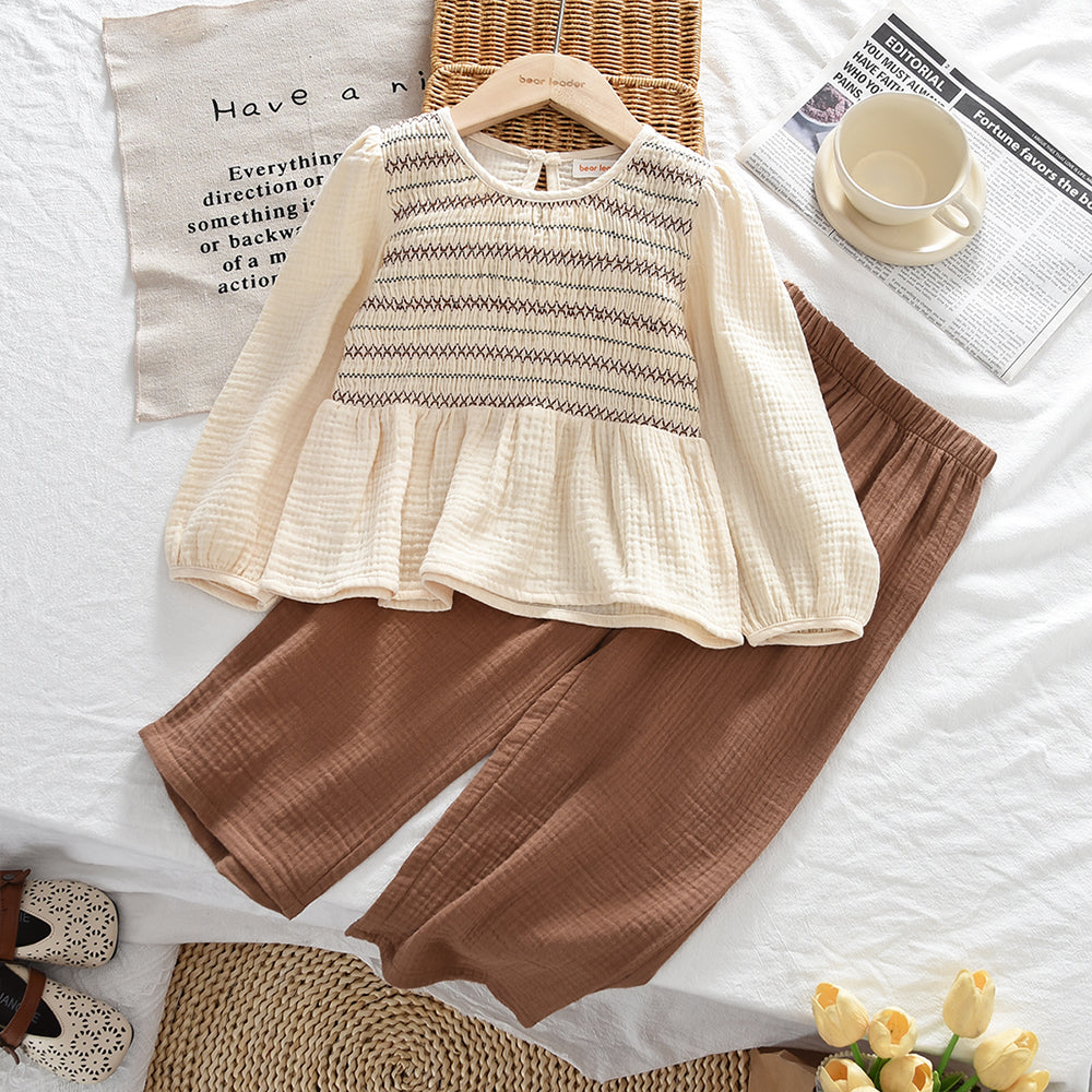 Ethnic Style Stripes Shirt+Cozy Pants 2pcs Pure Cotton Girls' Casual Set